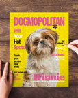 Personalized 'Dogmopolitan' puzzle featuring a Shih Tzu pet portrait on a yellow magazine cover.