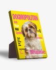 Personalized 'Dogmopolitan' standing canvas featuring a Shih Tzu, with a bright yellow magazine cover design.