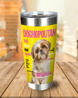 Personalized stainless steel tumbler with a Shih Tzu dog portrait on a yellow "Dogmopolitan" magazine cover design.