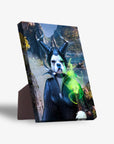 Personalized pet standing canvas featuring a dog in a Maleficent costume with green magic.