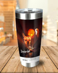 Personalized stainless steel tumbler with a custom pet portrait in a "Dogpocalypse Now" movie poster style.