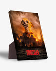Dogzilla personalized pet standing canvas featuring a chihuahua over a city skyline with a stormy, orange sky.