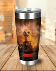Personalized stainless steel tumbler with a "Dogzilla" cartoon chihuahua destroying a city.