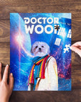 Personalized Dr. Woof female pet puzzle featuring a white dog in a colorful scarf, with a blue background.
