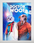 Personalized 'Dr. Woof' poster featuring two pets as Doctor Who characters, a white dog in a scarf and a brown dog in a suit, against a blue space background with a TARDIS.