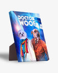 Dr. Woof" personalized standing canvas featuring two pets dressed as Doctor Who characters, with a vibrant blue background.