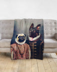 Custom personalized pet blanket with a renaissance royal portrait of a pug and a black dog.