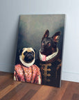 Personalized "Duke and Archduchess" pet canvas featuring a pug in a pink gown and a German Shepherd in a dark suit.