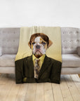Personalized pet blanket with a bulldog's head on a man in a suit, "Dwight Woofer" portrait.