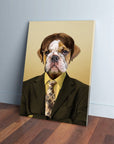 Personalized 'Dwight Woofer' pet canvas featuring a bulldog in a brown suit and glasses.