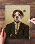Personalized pet puzzle featuring a bulldog in a brown suit, with hands assembling pieces.