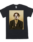 Black Gildan t-shirt with a personalized "Dwight Woofer" bulldog in a suit design.