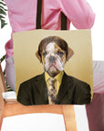 Personalized pet tote bag with a bulldog's head on a human body in a suit and tie.
