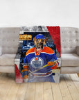 Custom personalized pet blanket featuring a dog in an Edmonton Doggos hockey uniform.