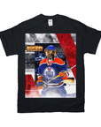 Black Gildan t-shirt featuring a personalized graphic of a dog in an Edmonton Oilers hockey uniform.