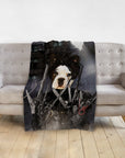 Personalized pet blanket with a dog portrait as Edward Scissorpaws, draped over a gray sofa.