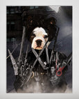 Personalized "Edward Scissorpaws" pet poster featuring a Boston Terrier in a black leather outfit with scissor hands.
