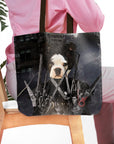 Personalized 'Edward Scissorpaws' tote bag featuring a custom Boston Terrier pet portrait in a dark, dramatic style.