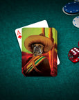 Personalized playing cards featuring a bulldog in a sombrero and bandolier, on a green poker table with chips and dice.