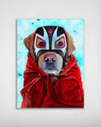 Golden Retriever dog in a black, white, and red Luchador mask and red cape on a blue background.
