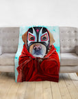 Personalized pet blanket with a dog in a red cape and black, pink, and white luchador mask.