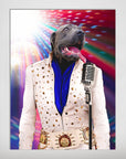 Personalized pet poster featuring a gray dog as Elvis Pawsley in a white jumpsuit, blue scarf, and microphone.