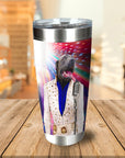 Personalized stainless steel tumbler with a custom dog portrait as Elvis Pawsley, holding a microphone.