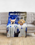 Personalized pet blanket with two dogs, a French Bulldog and a Golden Retriever, in England soccer jerseys.