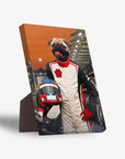 Personalized F1-Paw standing canvas featuring a pug in a white and red racing suit, holding a helmet.