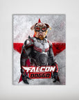 Personalized 'Falcon Doggo' poster featuring a bulldog in a superhero suit against a red star background.