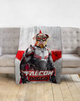 Personalized Falcon Doggo pet blanket featuring a dog in a superhero suit with a red star background.