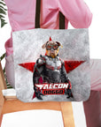 Personalized tote bag with a custom dog portrait in a superhero Falcon costume.