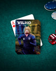 Personalized pet playing card featuring a dog in a soccer uniform with "VILHO" on a green table.