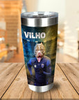 Personalized stainless steel tumbler with a custom pet dog portrait in a soccer uniform.