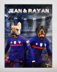 Personalized "France Doggos" poster featuring two pets with dog heads on bodies wearing blue French soccer jerseys.