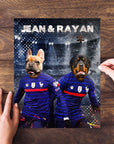 Personalized 2-pet puzzle featuring a French Bulldog and Rottweiler in France soccer jerseys.