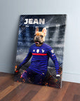Personalized French Bulldog pet canvas in a blue France soccer uniform with "JEAN" above.