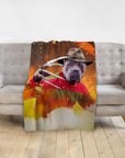 Personalized Freddy Woofer pet blanket featuring a dog in a Freddy Krueger portrait style, draped over a gray couch.