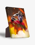 Personalized 'Freddy Woofer' pet standing canvas featuring a dog in a striped sweater and hat, against a fiery background.