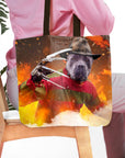 Personalized Freddy Woofer tote bag featuring a Cane Corso dog portrait in a horror movie costume.