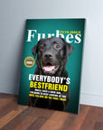 Personalized 'Furbes' pet canvas featuring a black Labrador on a teal magazine cover design.
