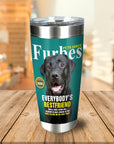 Personalized stainless steel tumbler featuring a black Labrador dog portrait on a green "Furbes" magazine cover design.