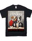 Black Gildan unisex t-shirt featuring two personalized pets, a bulldog and a French bulldog, at a cafe.
