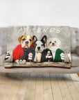 Personalized Furends blanket with three dogs in Doggovinci portraits, sitting at a table with sundaes.