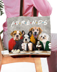 Personalized 'Furends' tote bag with four custom pet portraits of dogs in cartoon style.