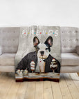 Personalized pet blanket with a French Bulldog in a leather jacket, eating dessert, with "Furends" text.