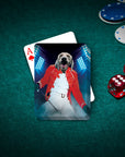 Custom personalized playing card featuring a dog in a red Mercury-style jacket on a green felt table.