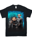 Black Gildan t-shirt featuring two pets in "Game of Bones" fantasy attire, one on a throne.