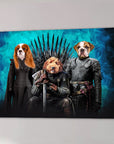 Personalized 'Game of Bones' canvas featuring three pets as medieval characters on a blue background.