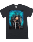 Black Gildan unisex t-shirt with a personalized pet portrait of a dog on the Iron Throne.